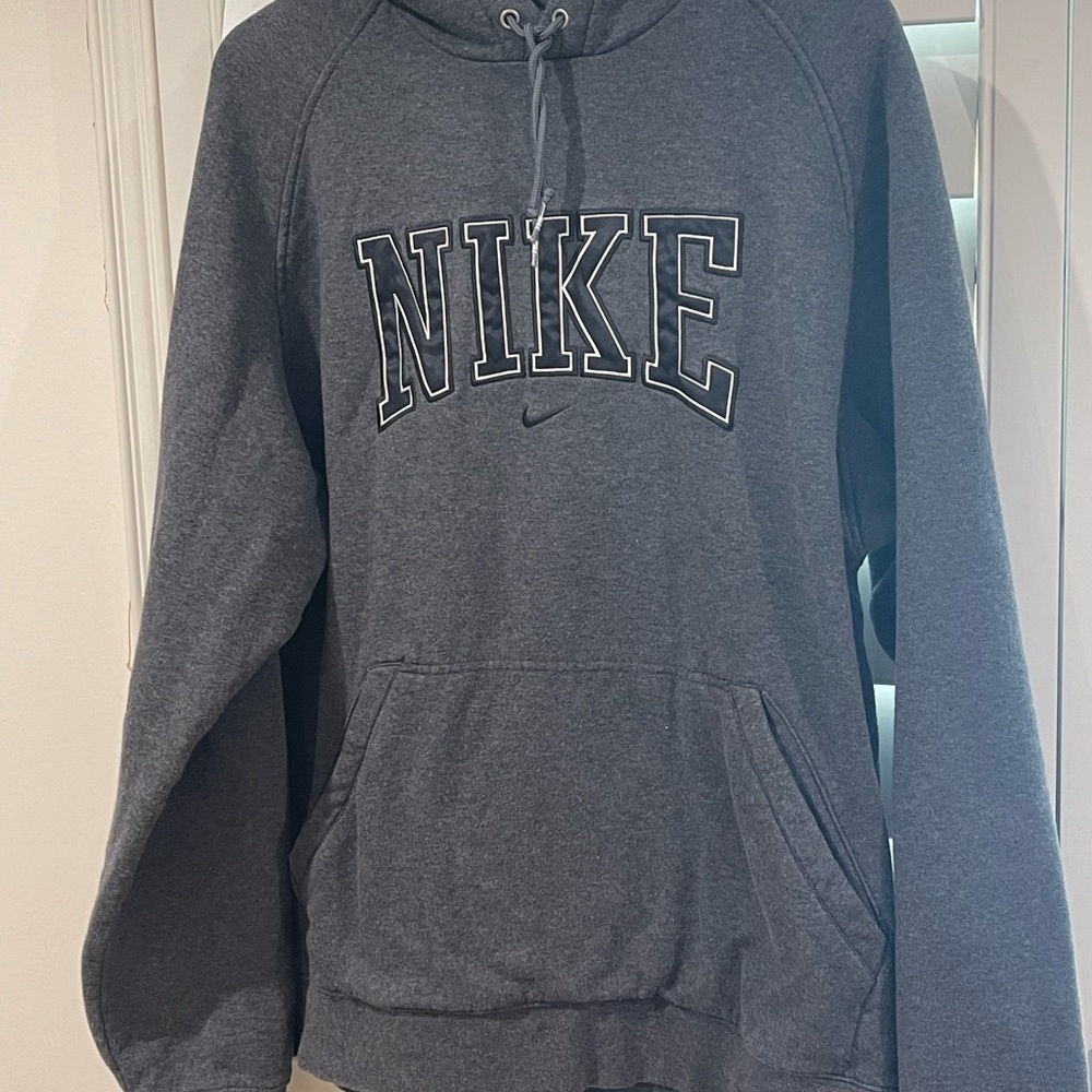 Vintage Y2K Nike Center Swoosh Spellout Embroidered Hoodie Dark Gray, Black XL
